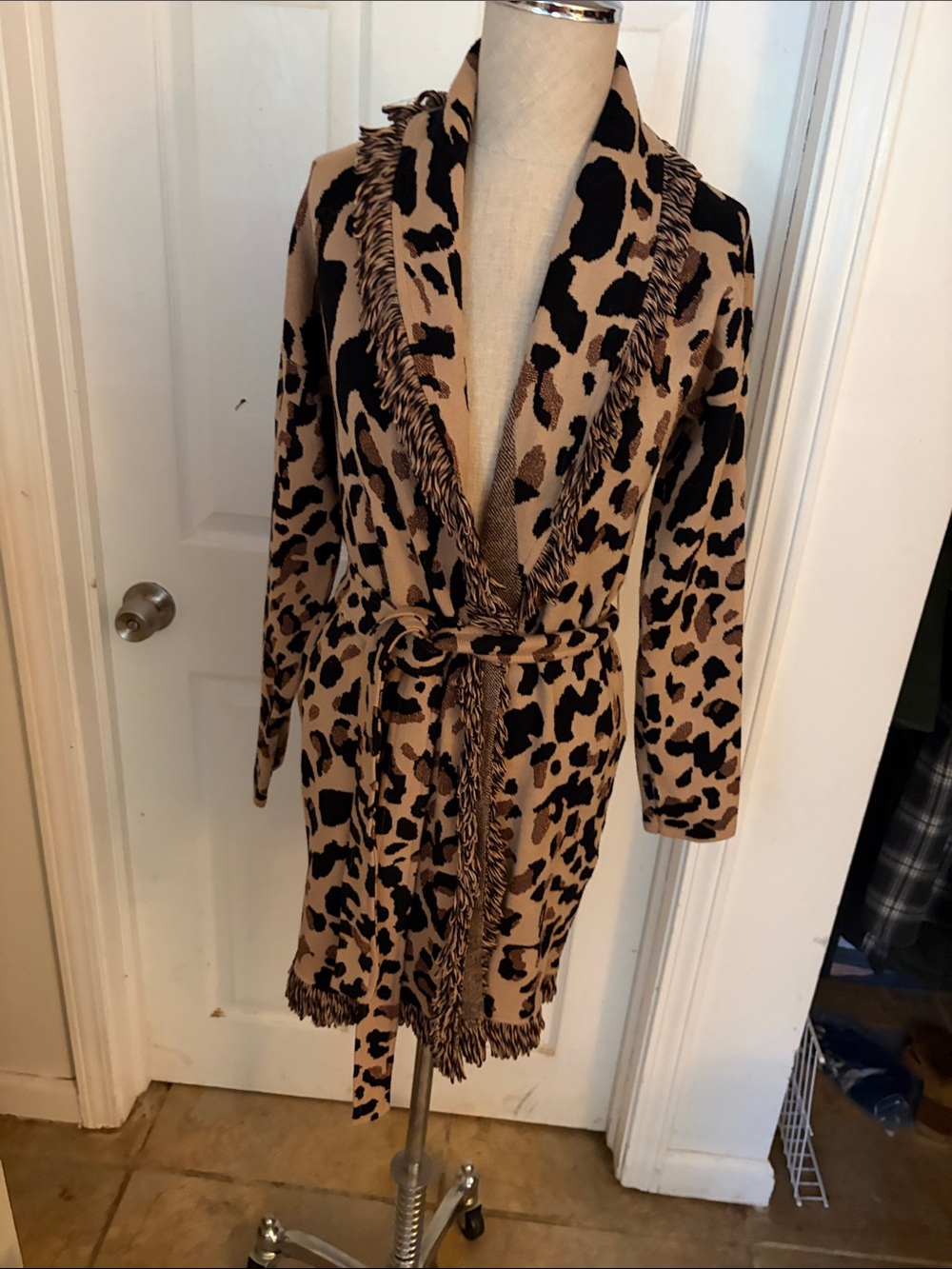 Leopard Print Tie-Waist Robe Cardigan - Tan & Black